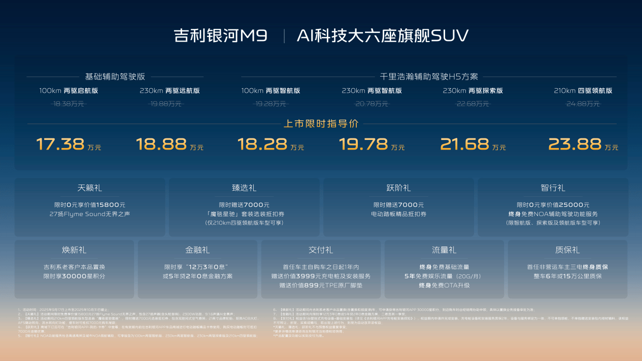AI旗舰新标杆 吉利银河M9上市17.38万元起
