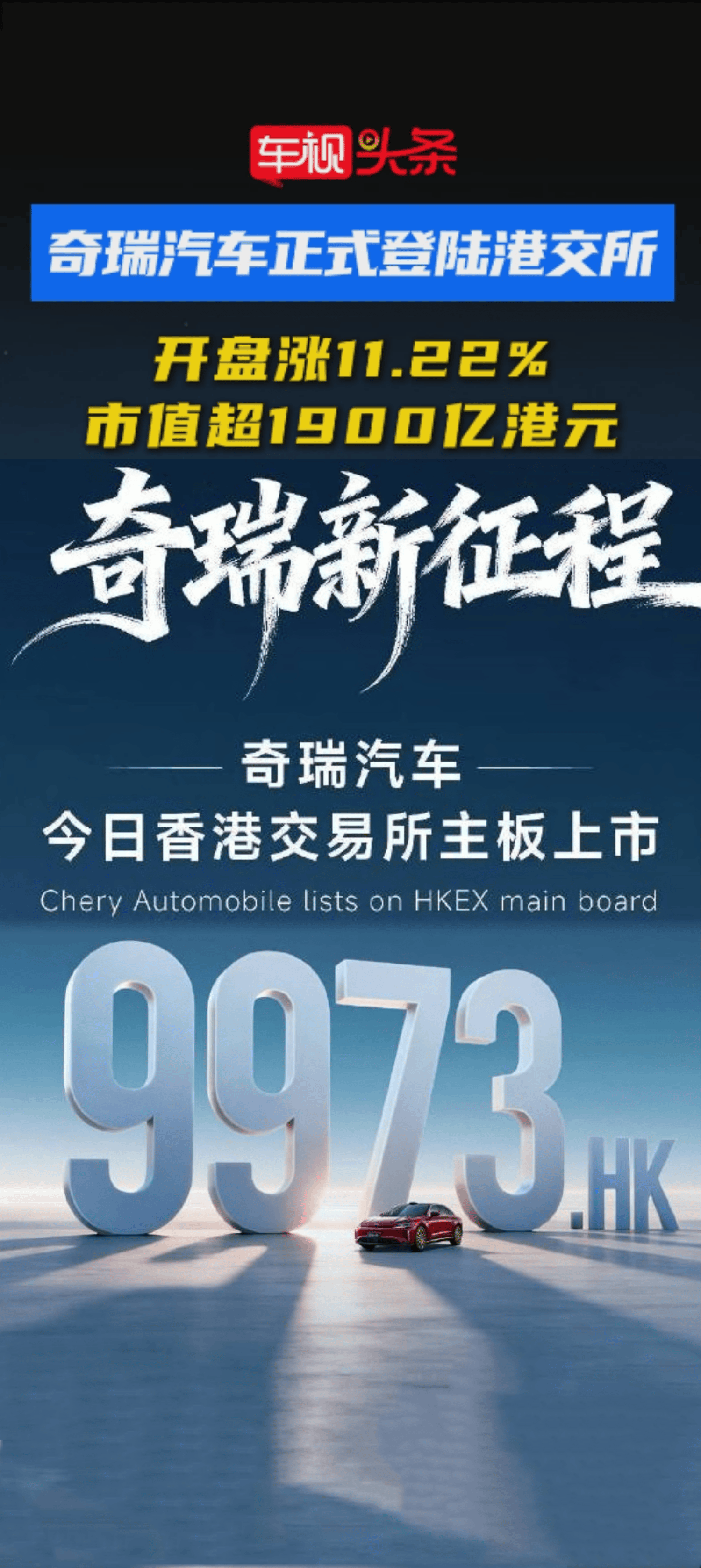 奇瑞正式登陆港交所上市！开盘涨11.22%，市值超1900亿港元！